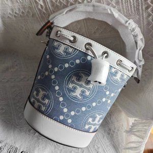 New Tory Burch T monogram mini denim bucket bag